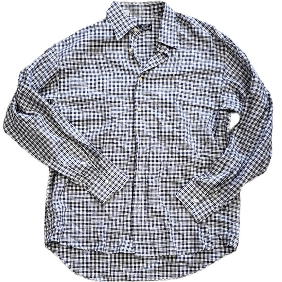 Emilio Visconti Navy Gingham 100% Linen Dress Shirt 17